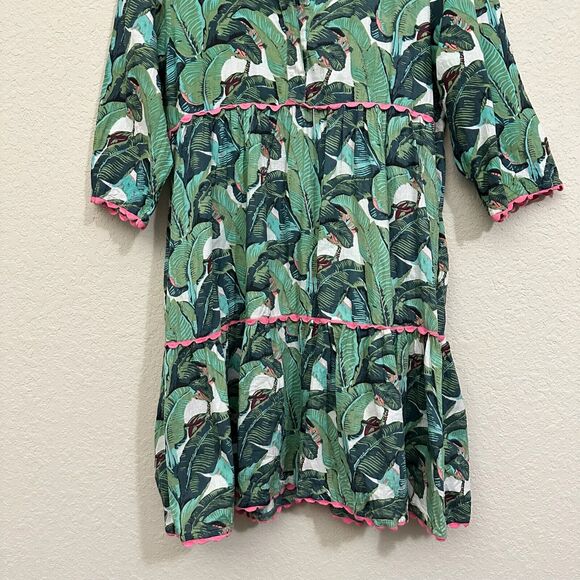 NWOT MARY MARSHMALLOW Tiered Mini Dress Henley in Green Palm Print - Picture 4 of 11